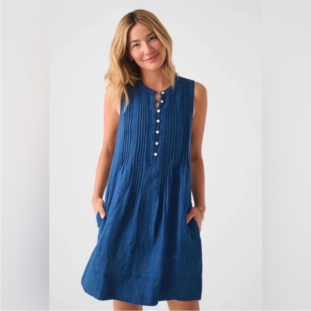 Faherty Indigo Blue Sleeveless Button Pintuck Linen Dress